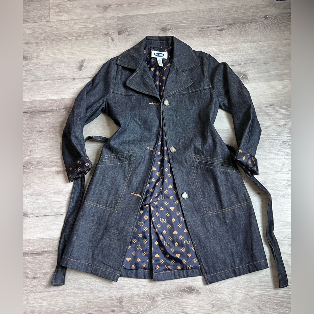Old Navy Dark Denim Trench Coat with Printed Lining